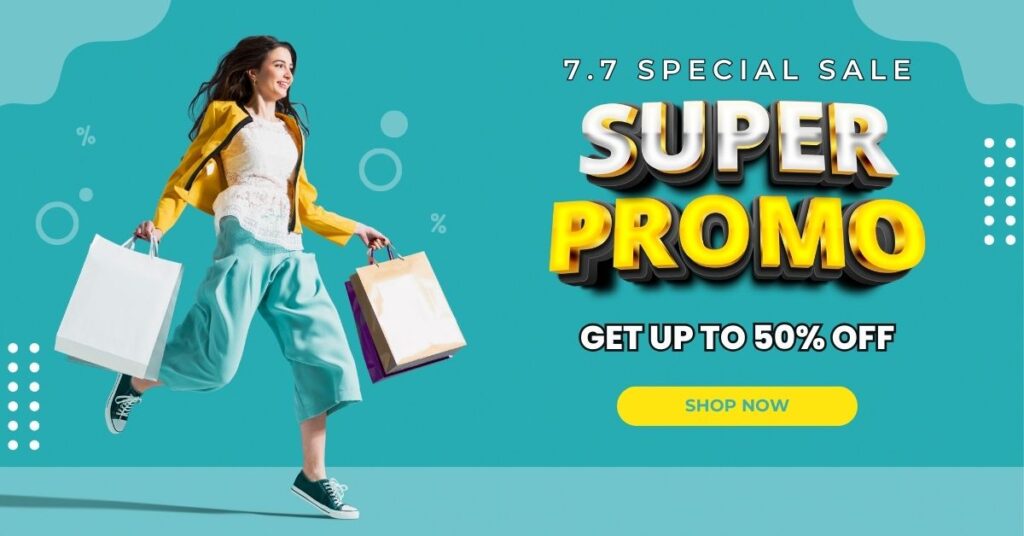 Yellow and White Modern Geometric 7.7 Sale and Discount Promo Facebook Ad